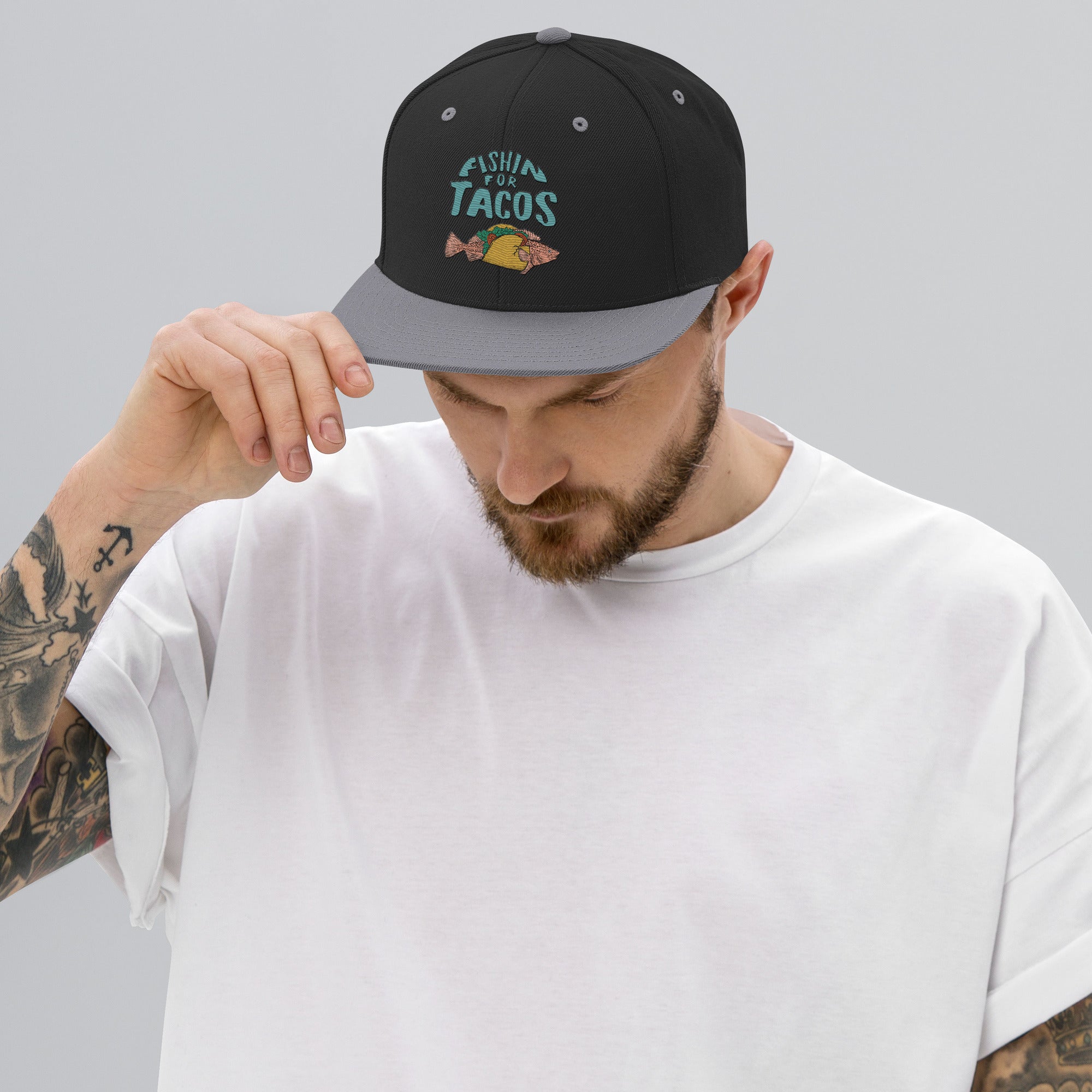 Design of Fishin For Tacos - Snapback Hat , the colour is Black Silver