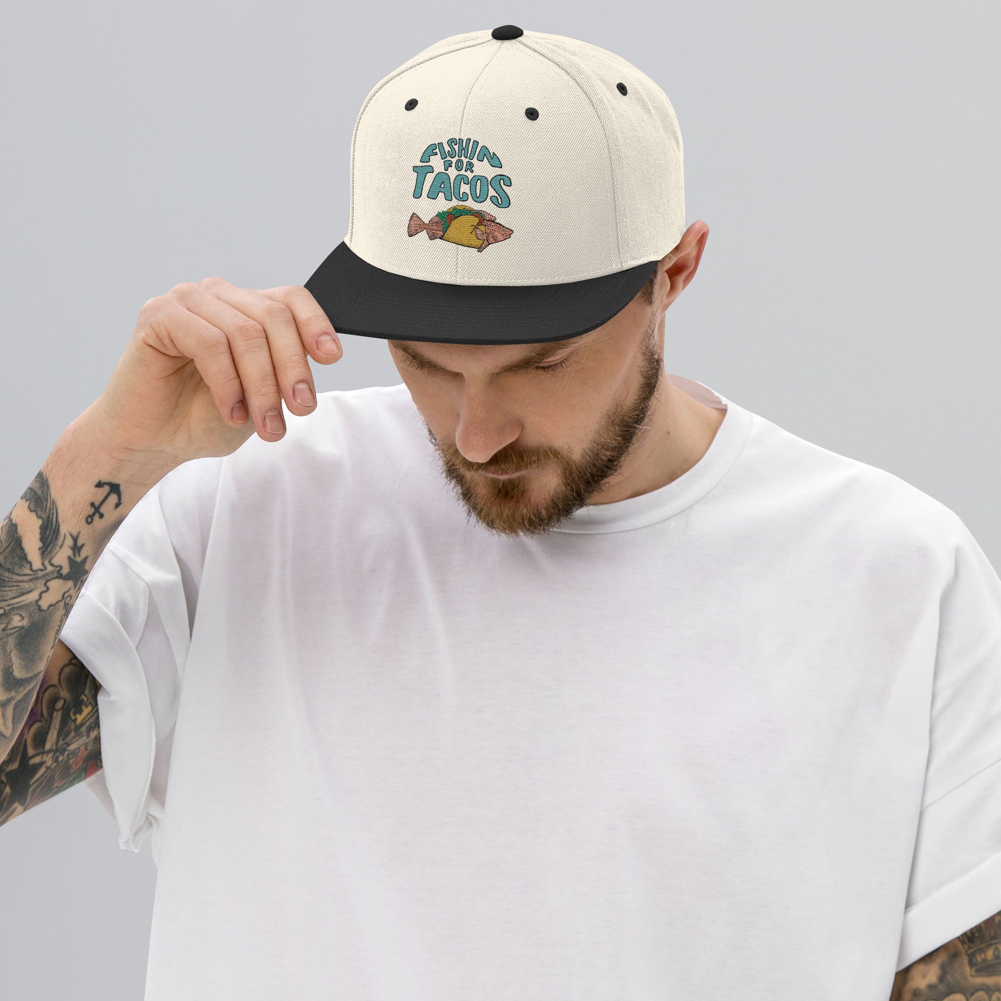Design of Fishin For Tacos - Snapback Hat , the colour is Natural Black