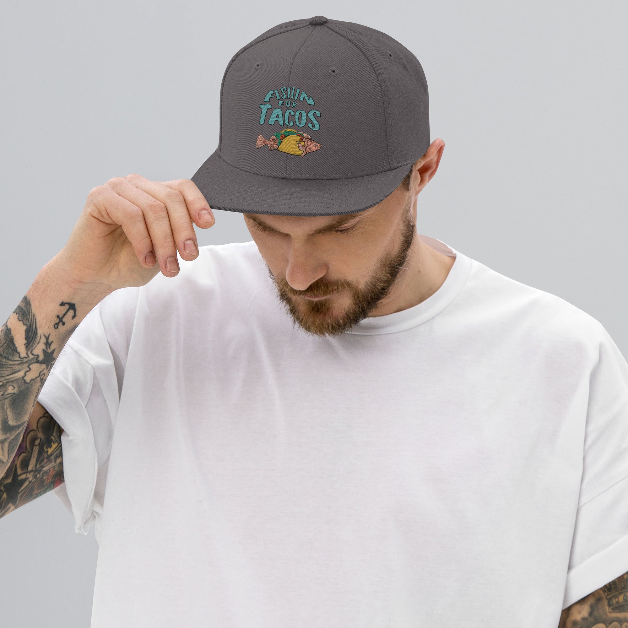 Design of Fishin For Tacos - Snapback Hat , the colour is Dark Grey