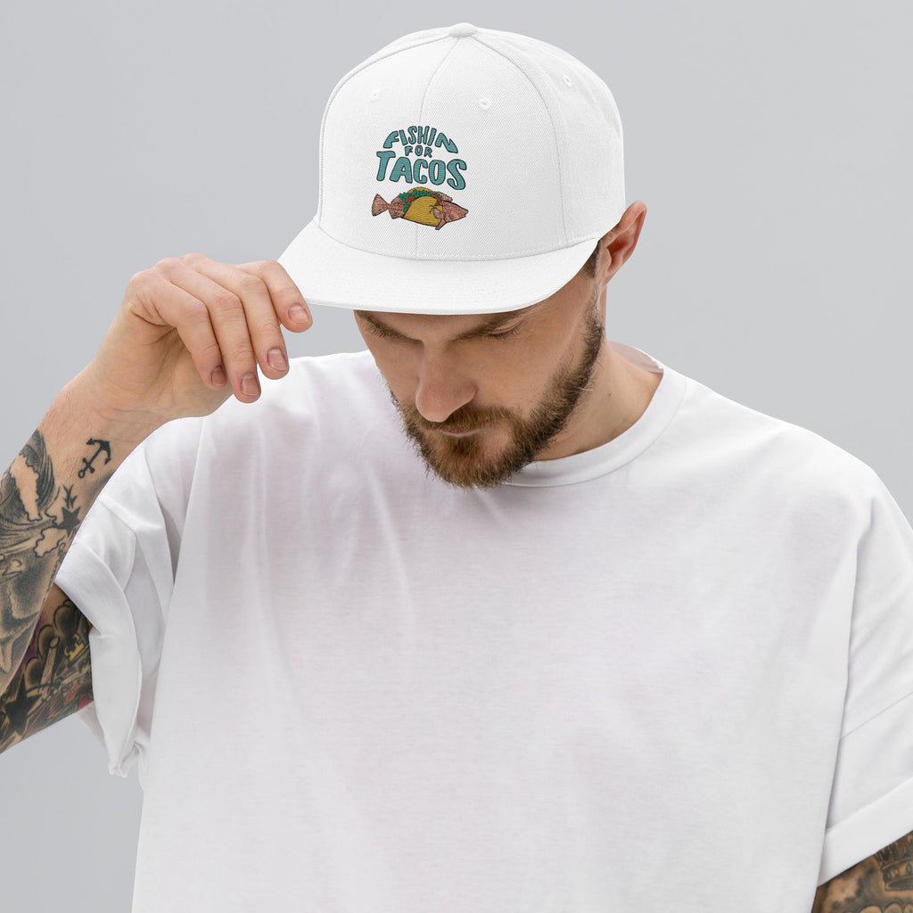 Design of Fishin For Tacos - Snapback Hat , the colour is White
