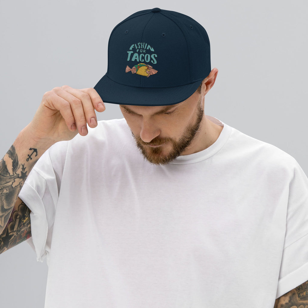 Design of Fishin For Tacos - Snapback Hat , the colour is Dark Navy