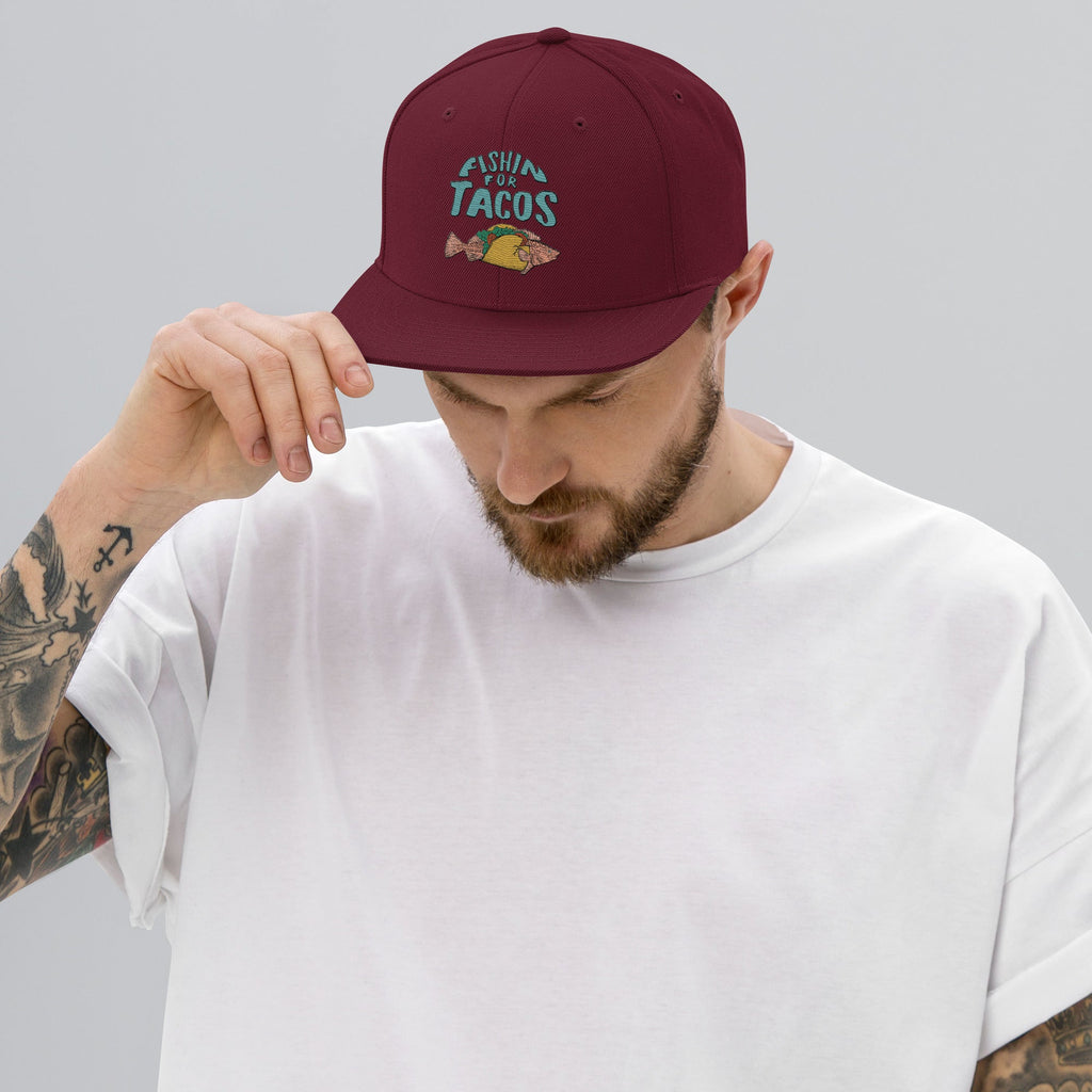 Design of Fishin For Tacos - Snapback Hat , the colour is Maroon