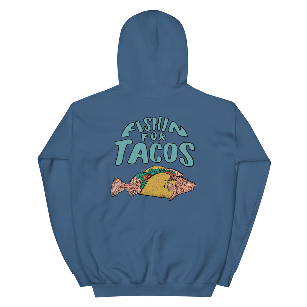 Design of Fishin For Tacos - Unisex Hoodie , the colour is Indigo Blue