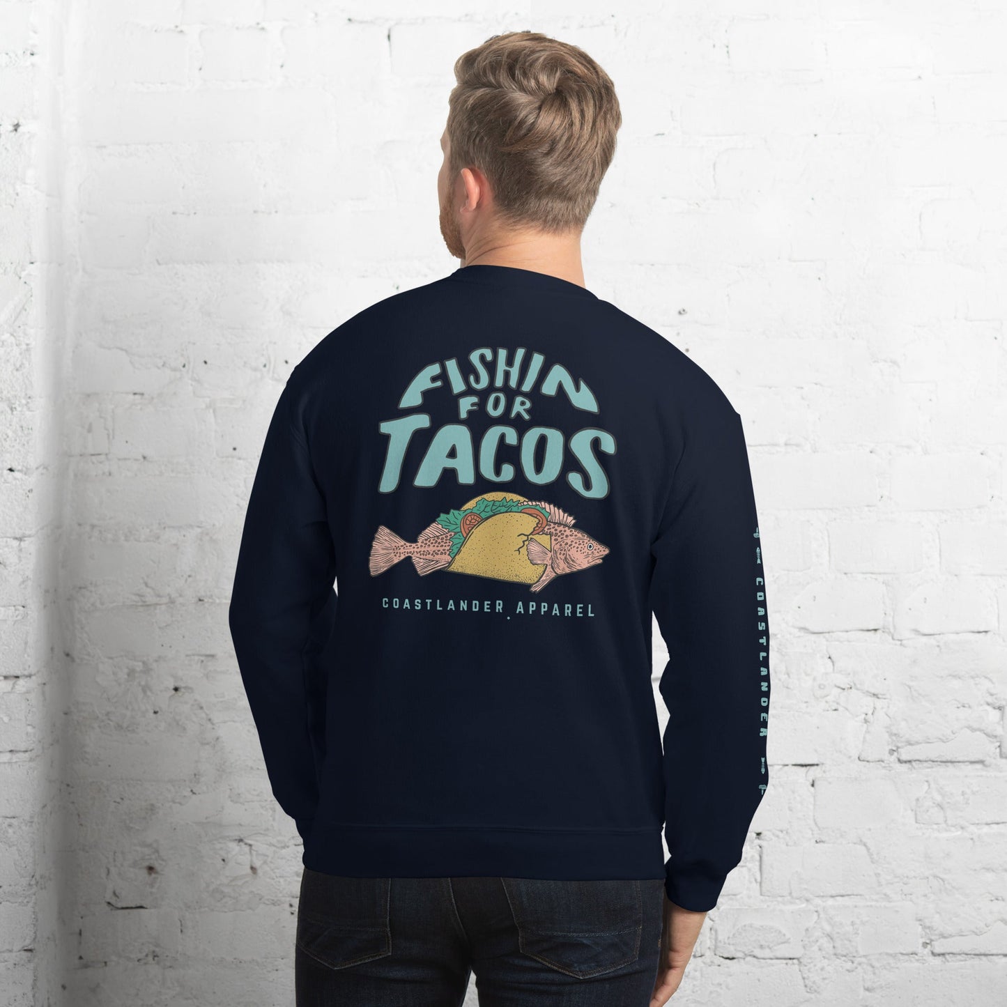 Design of Fishin For Tacos - Unisex Sweatshirt , the colour is Navy