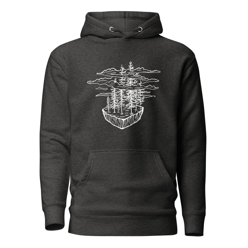 Design of Floating Island & trees - Unisex Hoodie , the colour is Charcoal Heather