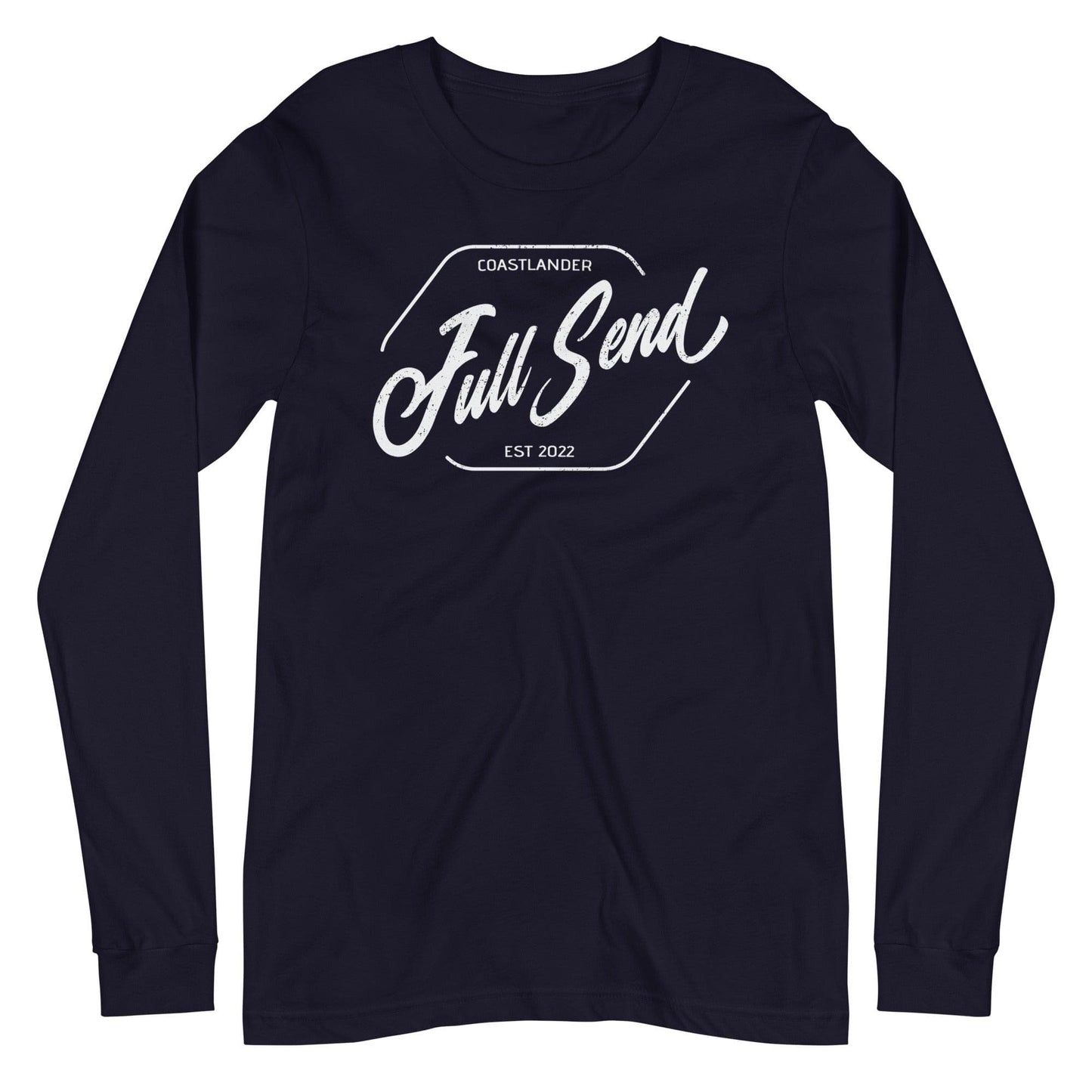 Design of FULL SEND - Unisex Long Sleeve Tee , the colour is Navy