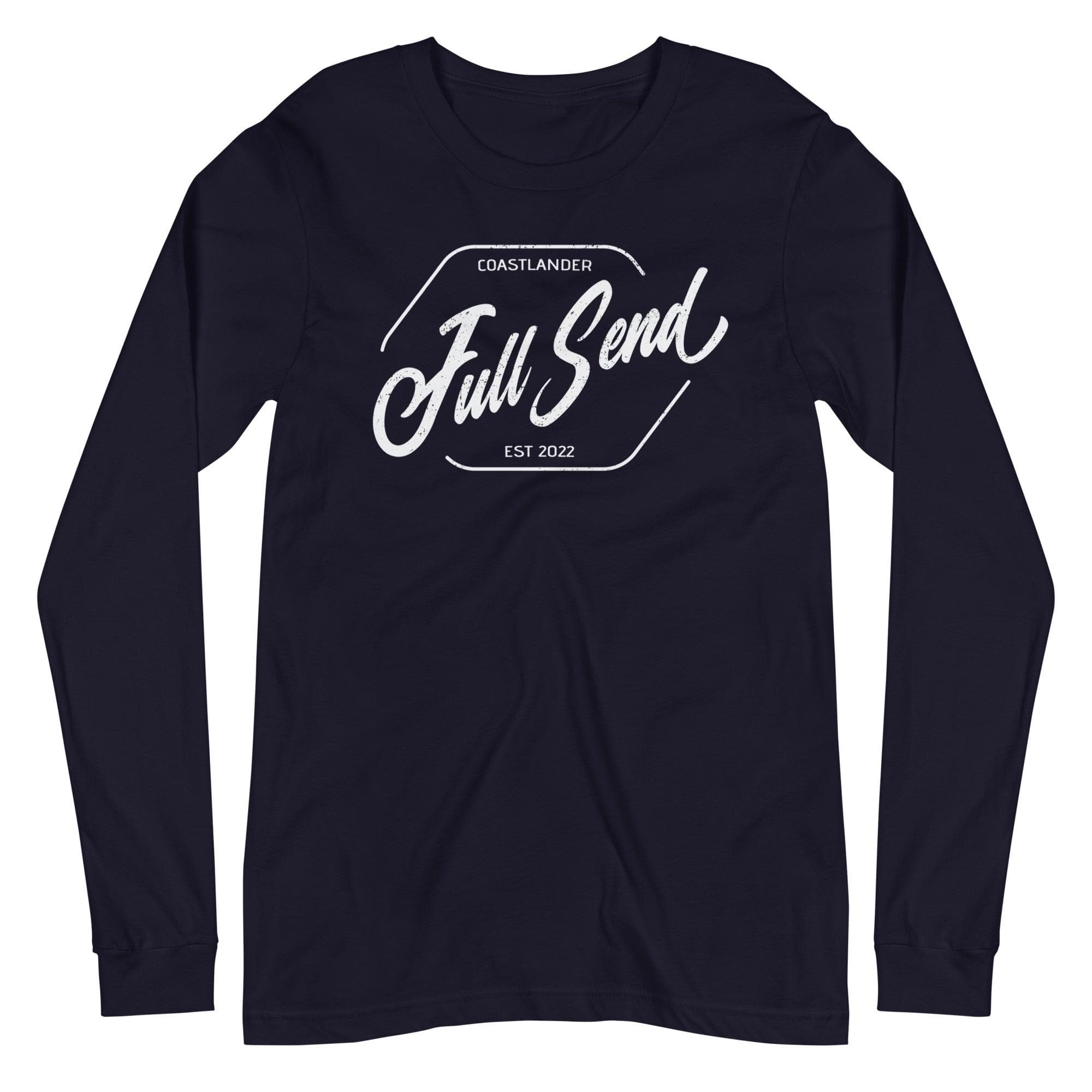 Design of FULL SEND - Unisex Long Sleeve Tee , the colour is Navy