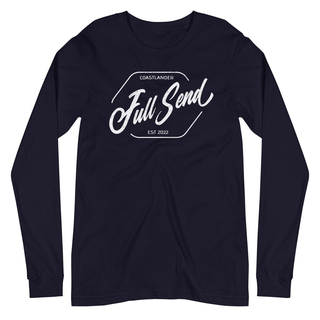 Design of FULL SEND - Unisex Long Sleeve Tee , the colour is Navy
