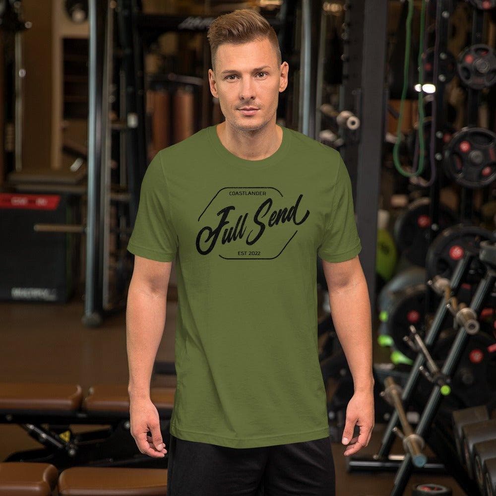 Design of FULL SEND - Unisex t-shirt , the colour is Olive