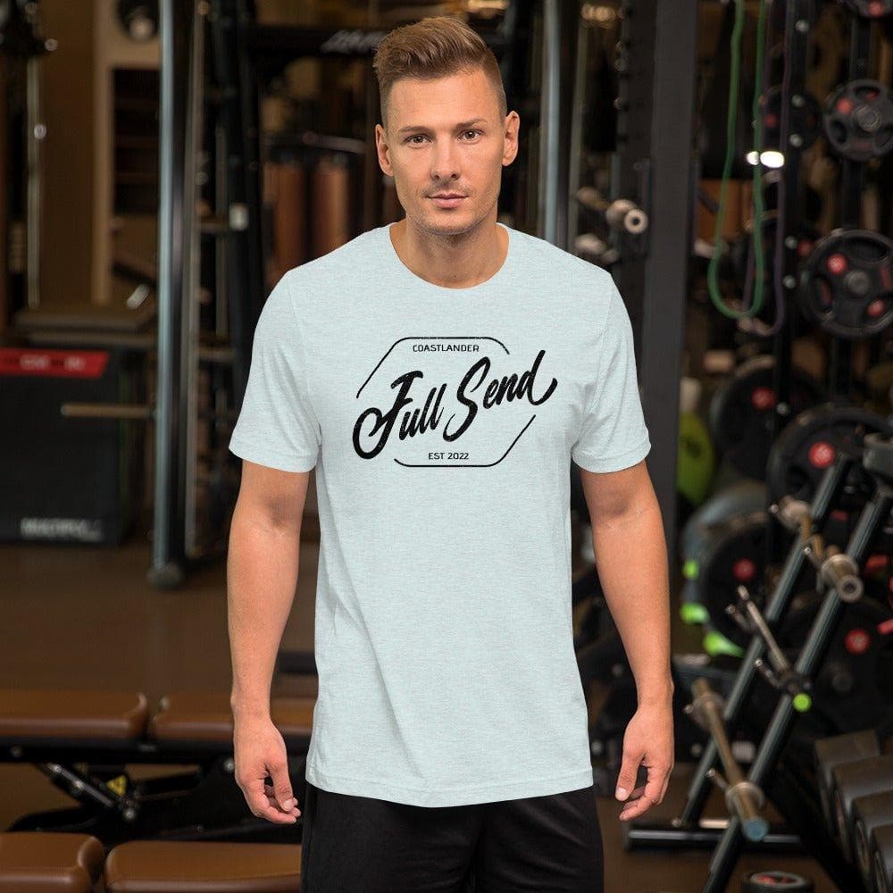 Design of FULL SEND - Unisex t-shirt , the colour is Heather Prism Ice Blue