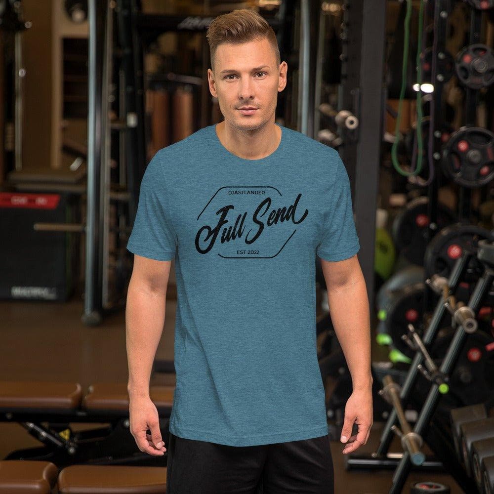 Design of FULL SEND - Unisex t-shirt , the colour is Heather Deep Teal