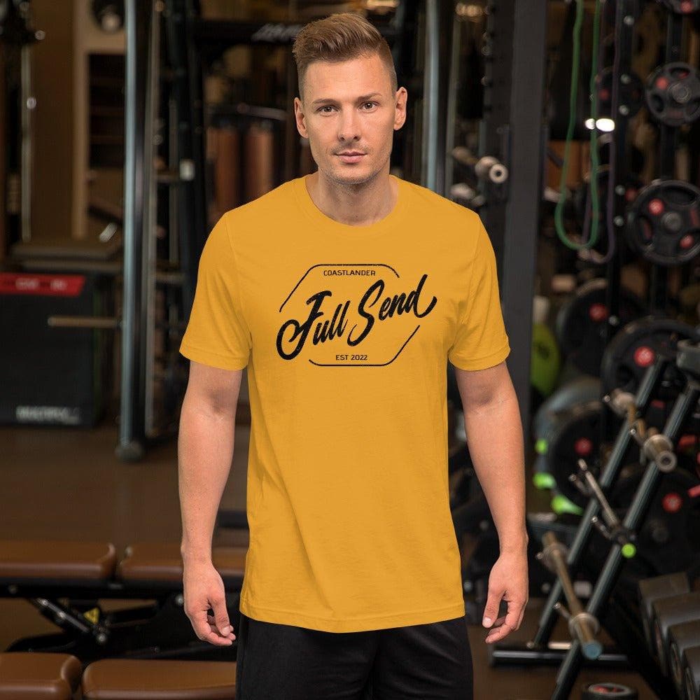 Design of FULL SEND - Unisex t-shirt , the colour is Mustard