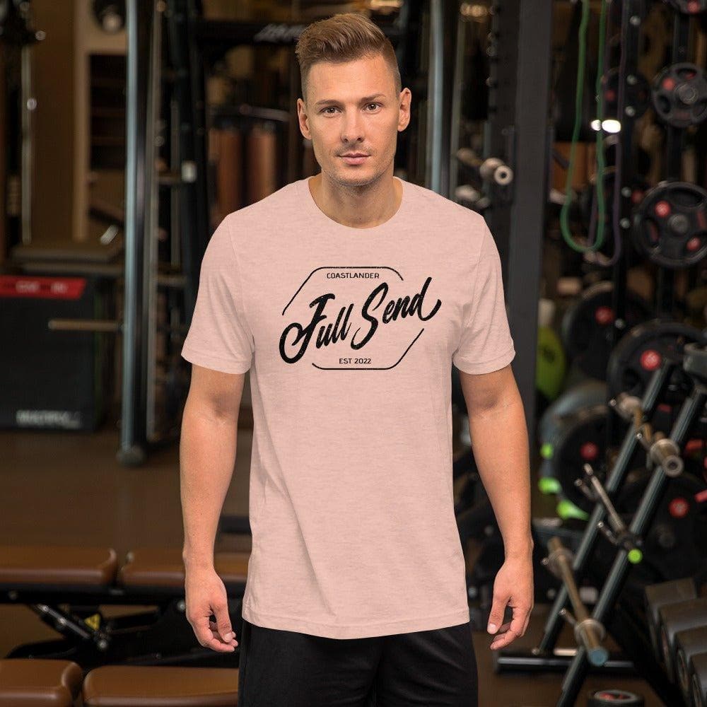 Design of FULL SEND - Unisex t-shirt , the colour is Heather Prism Peach