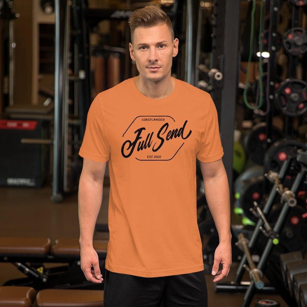 Design of FULL SEND - Unisex t-shirt , the colour is Burnt Orange