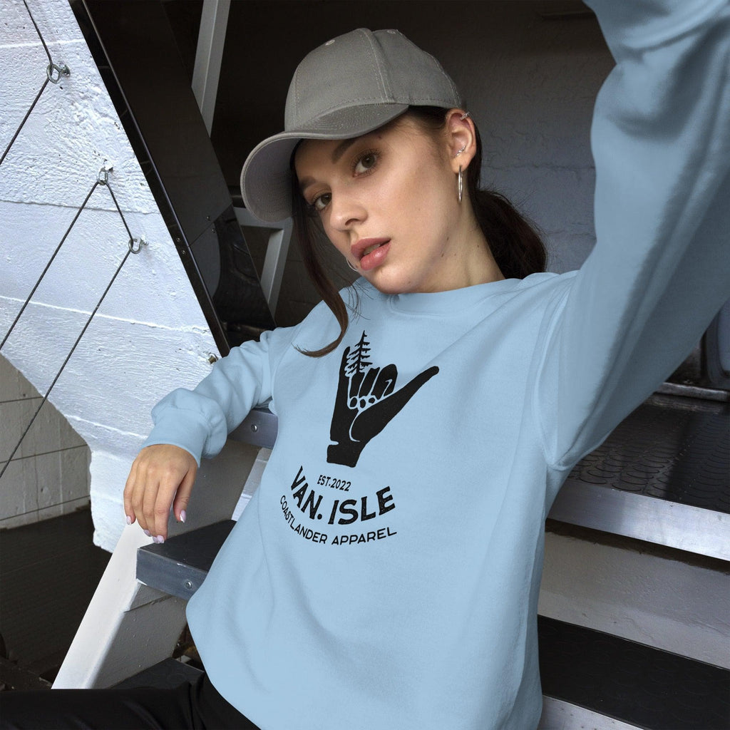 Design of Hang Loose - Boom Shaka Laka - Van Isle Surfer Design - Unisex Sweatshirt , the colour is Light Blue