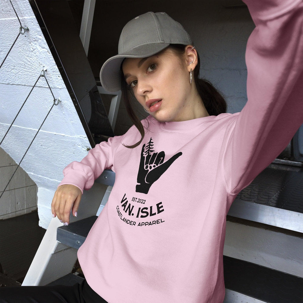 Design of Hang Loose - Boom Shaka Laka - Van Isle Surfer Design - Unisex Sweatshirt , the colour is Light Pink