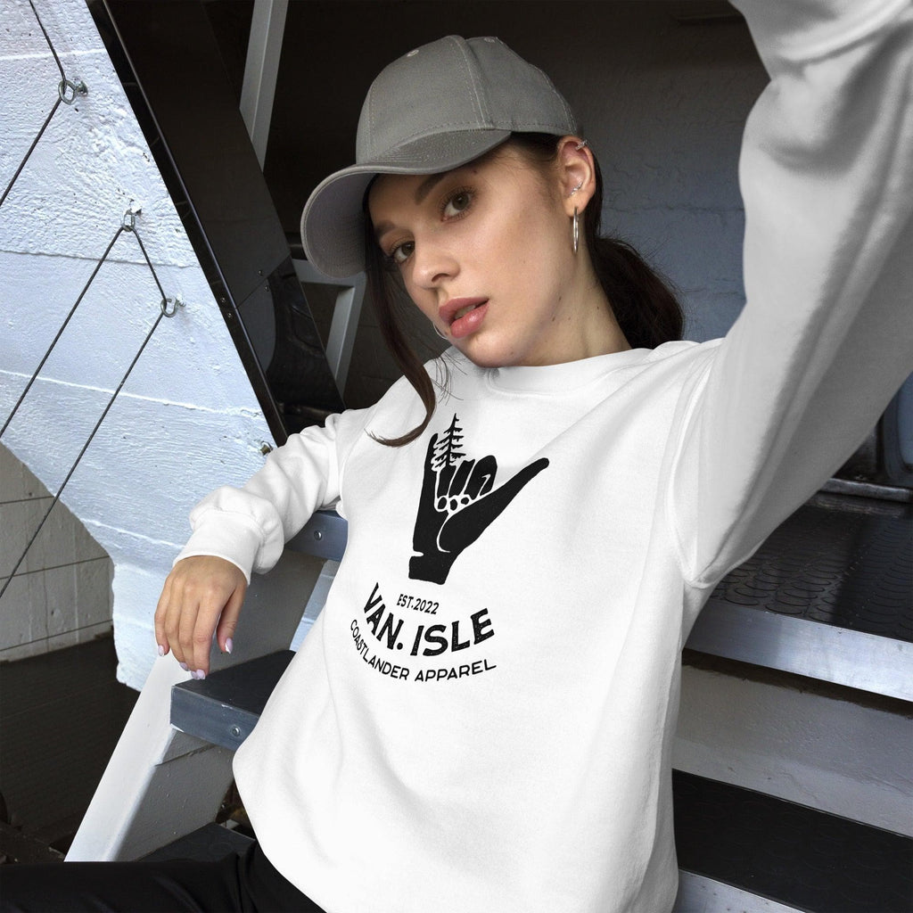 Design of Hang Loose - Boom Shaka Laka - Van Isle Surfer Design - Unisex Sweatshirt , the colour is White