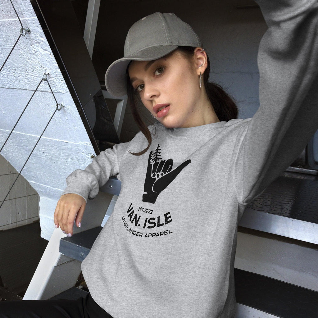 Design of Hang Loose - Boom Shaka Laka - Van Isle Surfer Design - Unisex Sweatshirt , the colour is Sport Grey