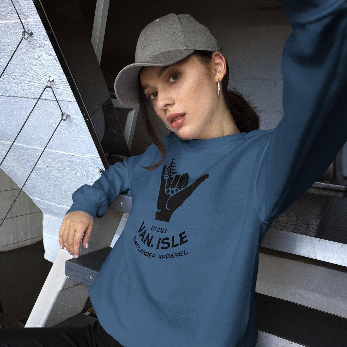 Design of Hang Loose - Boom Shaka Laka - Van Isle Surfer Design - Unisex Sweatshirt , the colour is Indigo Blue