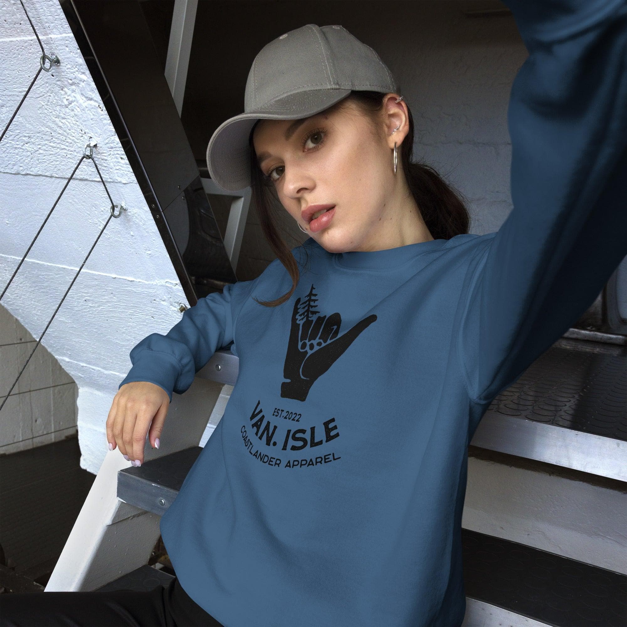 Design of Hang Loose - Boom Shaka Laka - Van Isle Surfer Design - Unisex Sweatshirt , the colour is Indigo Blue