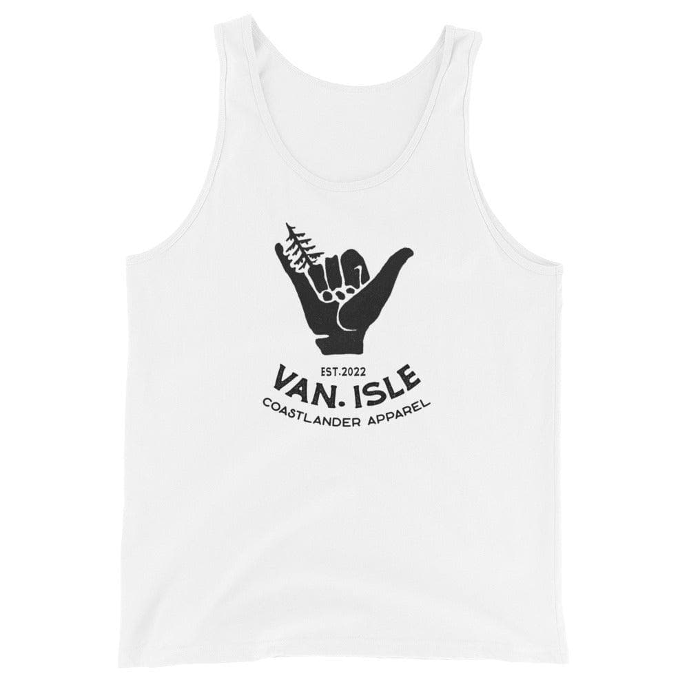 Design of Hang Loose - Boom Shaka Laka - Van Isle Surfer Design - Unisex Tank Top , the colour is White