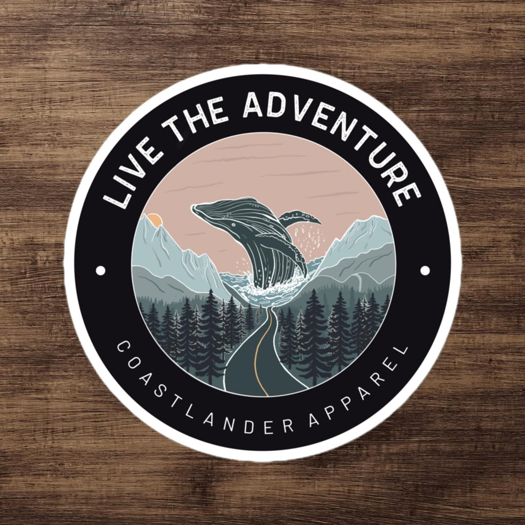 Design of Live The Adventure - Whale & Highway Design - Sticker , the colour is 5.5″×5.5″