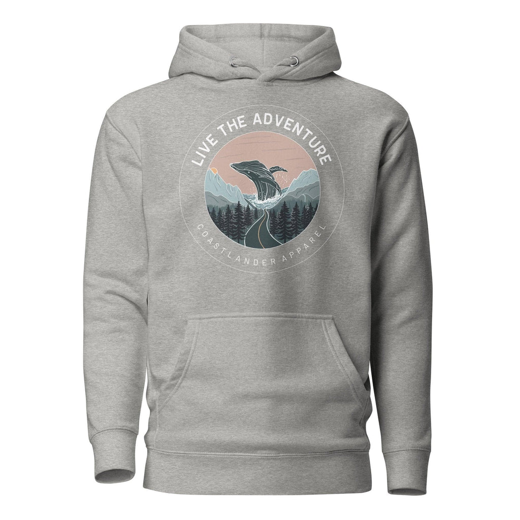 Design of Live The Adventure Whale - Unisex Hoodie , the colour is Carbon Grey