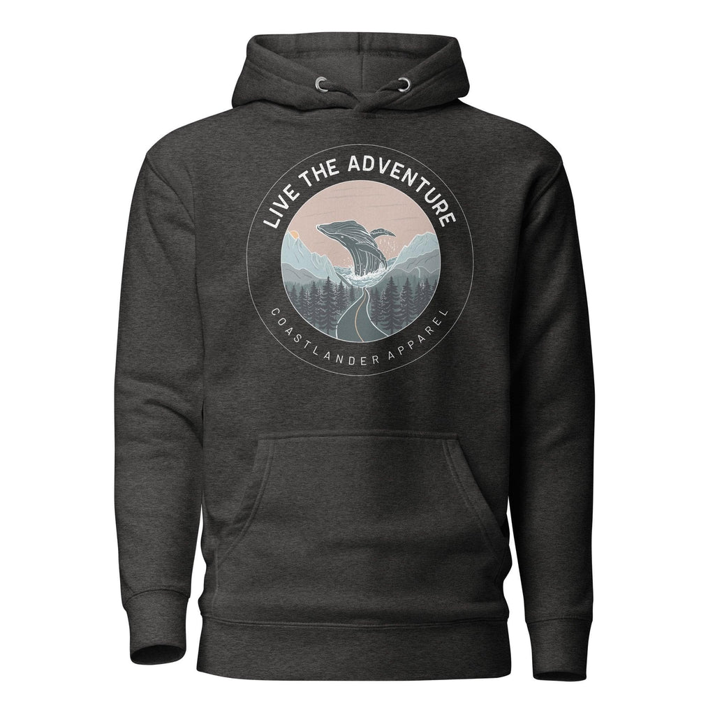 Design of Live The Adventure Whale - Unisex Hoodie , the colour is Charcoal Heather