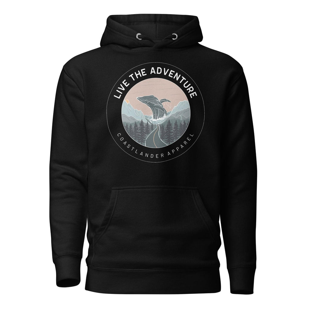 Design of Live The Adventure Whale - Unisex Hoodie , the colour is Black