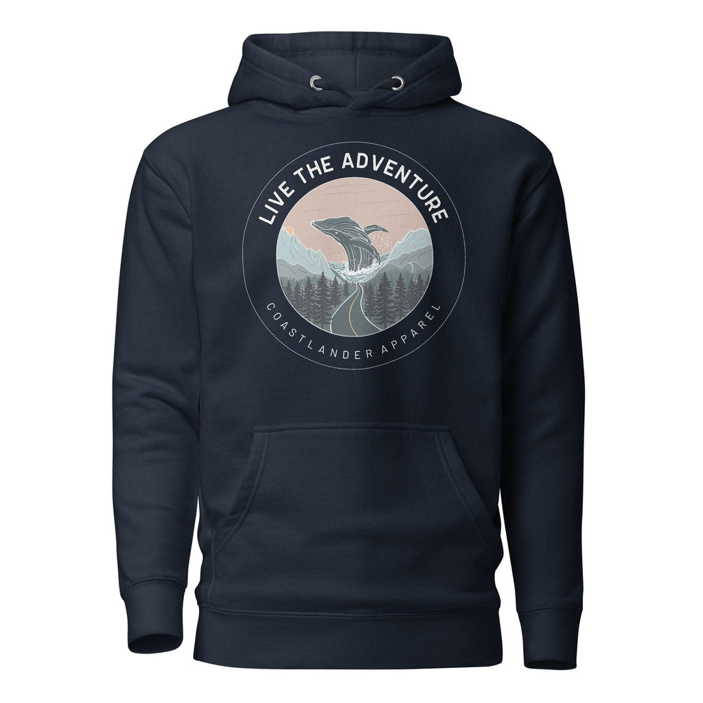 Design of Live The Adventure Whale - Unisex Hoodie , the colour is Navy Blazer