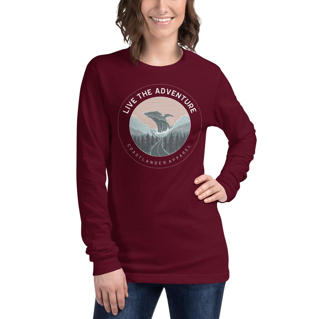 Design of Live The Adventure Whale - Unisex Long Sleeve Tee , the colour is Maroon