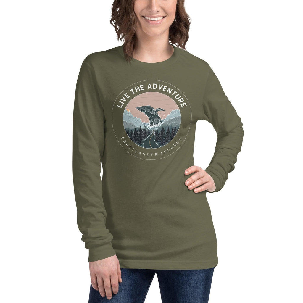 Design of Live The Adventure Whale - Unisex Long Sleeve Tee , the colour is Military Green