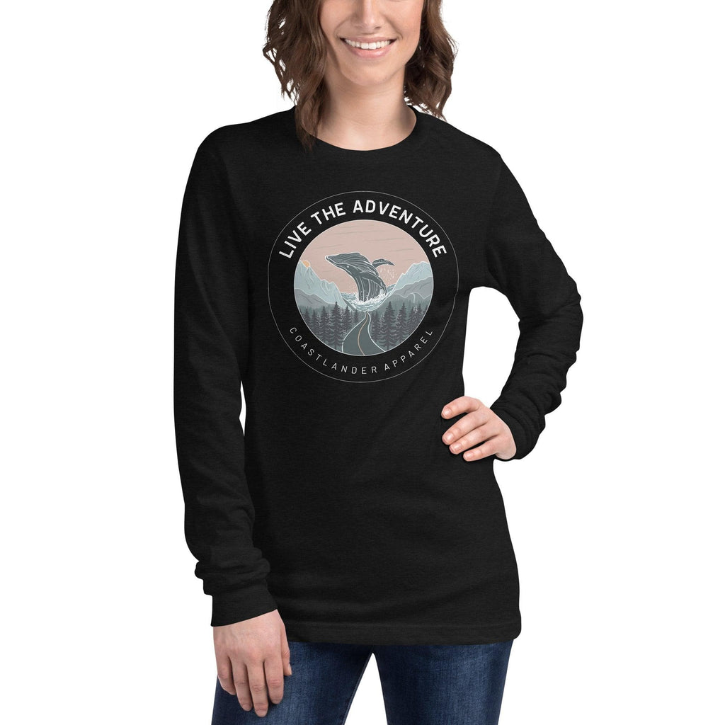 Design of Live The Adventure Whale - Unisex Long Sleeve Tee , the colour is Black Heather