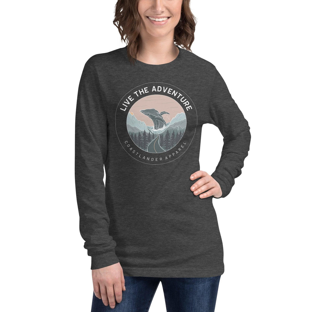 Design of Live The Adventure Whale - Unisex Long Sleeve Tee , the colour is Dark Grey Heather