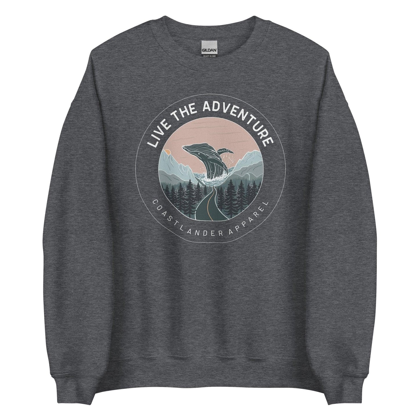 Design of Live The Adventure - Whale - Unisex Sweatshirt , the colour is Dark Heather