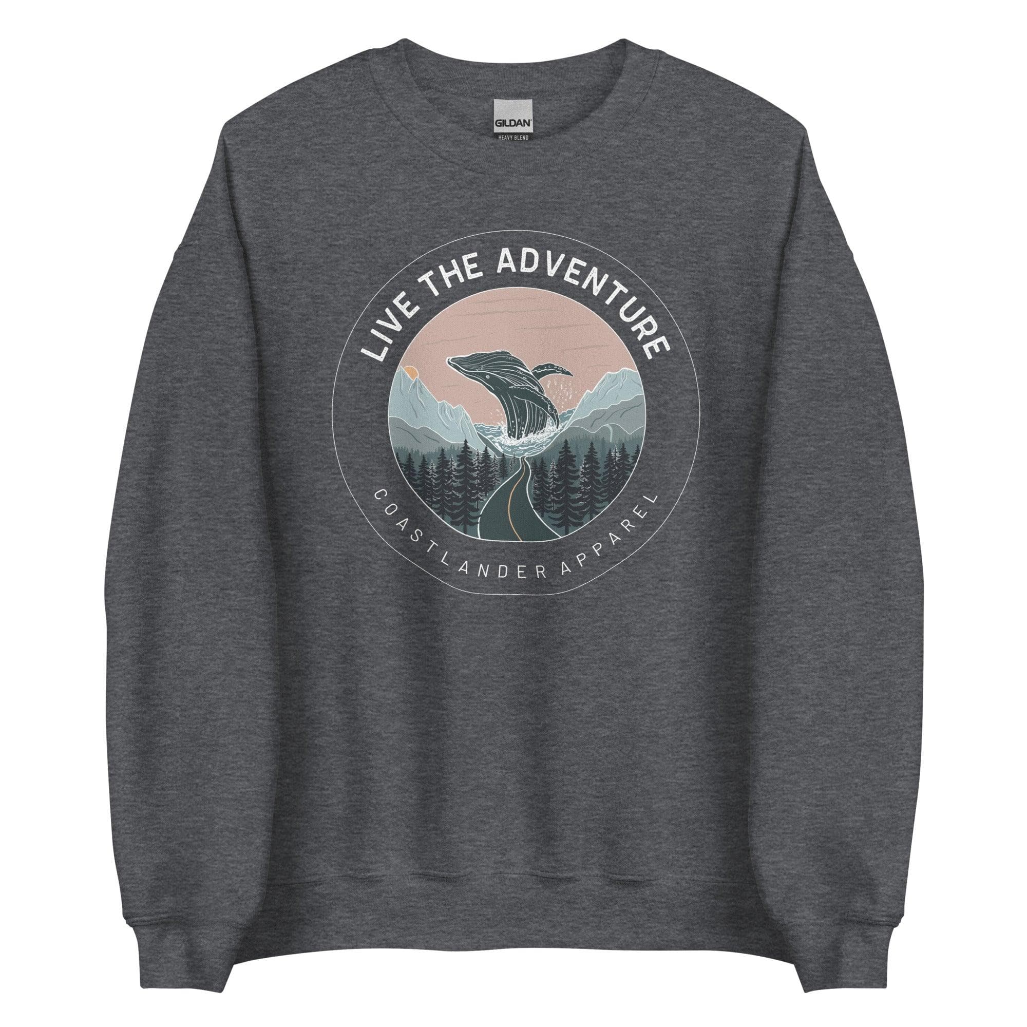 Design of Live The Adventure - Whale - Unisex Sweatshirt , the colour is Dark Heather