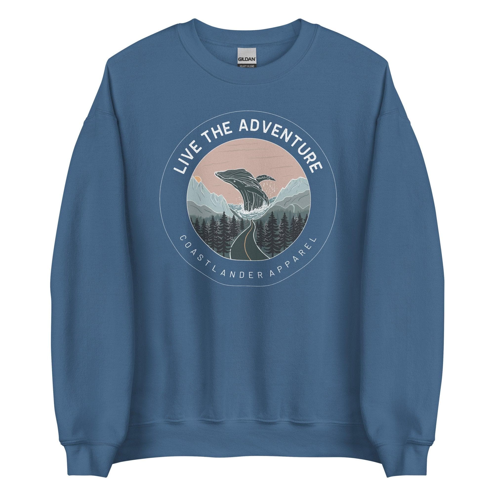Design of Live The Adventure - Whale - Unisex Sweatshirt , the colour is Indigo Blue