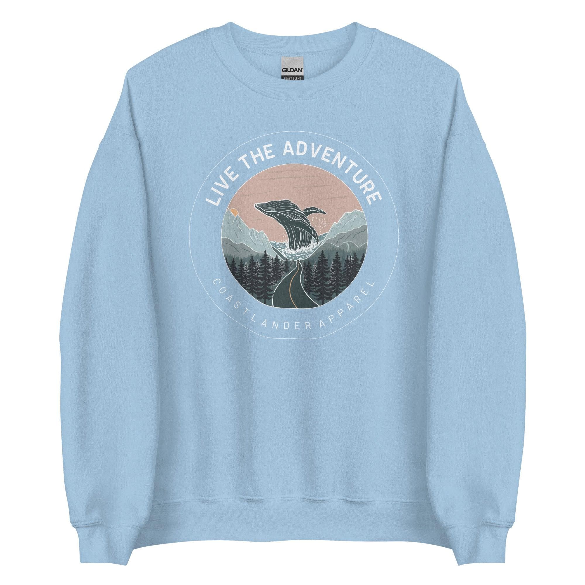 Design of Live The Adventure - Whale - Unisex Sweatshirt , the colour is Light Blue
