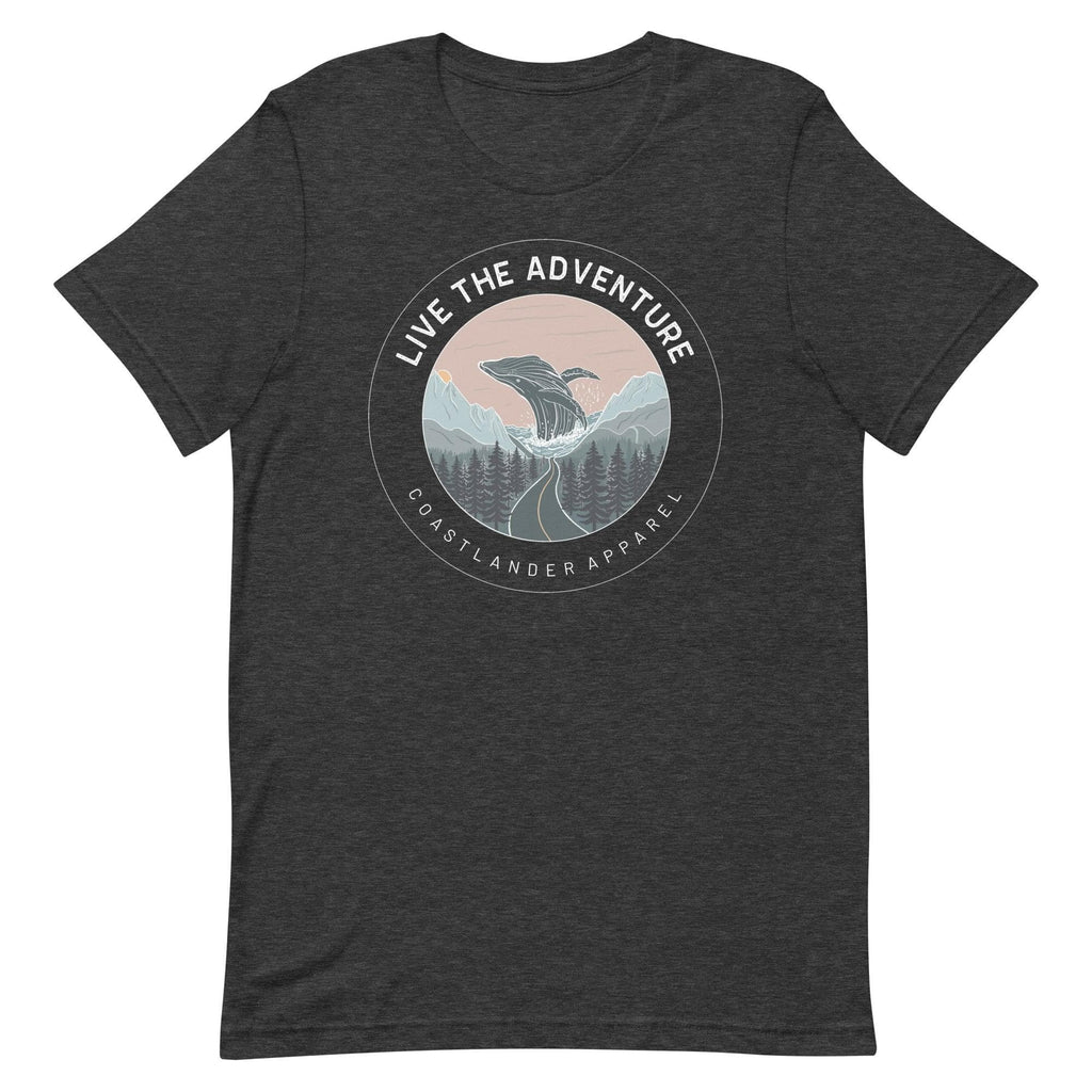 Design of Live The Adventure Whale - Unisex t-shirt , the colour is Dark Grey Heather