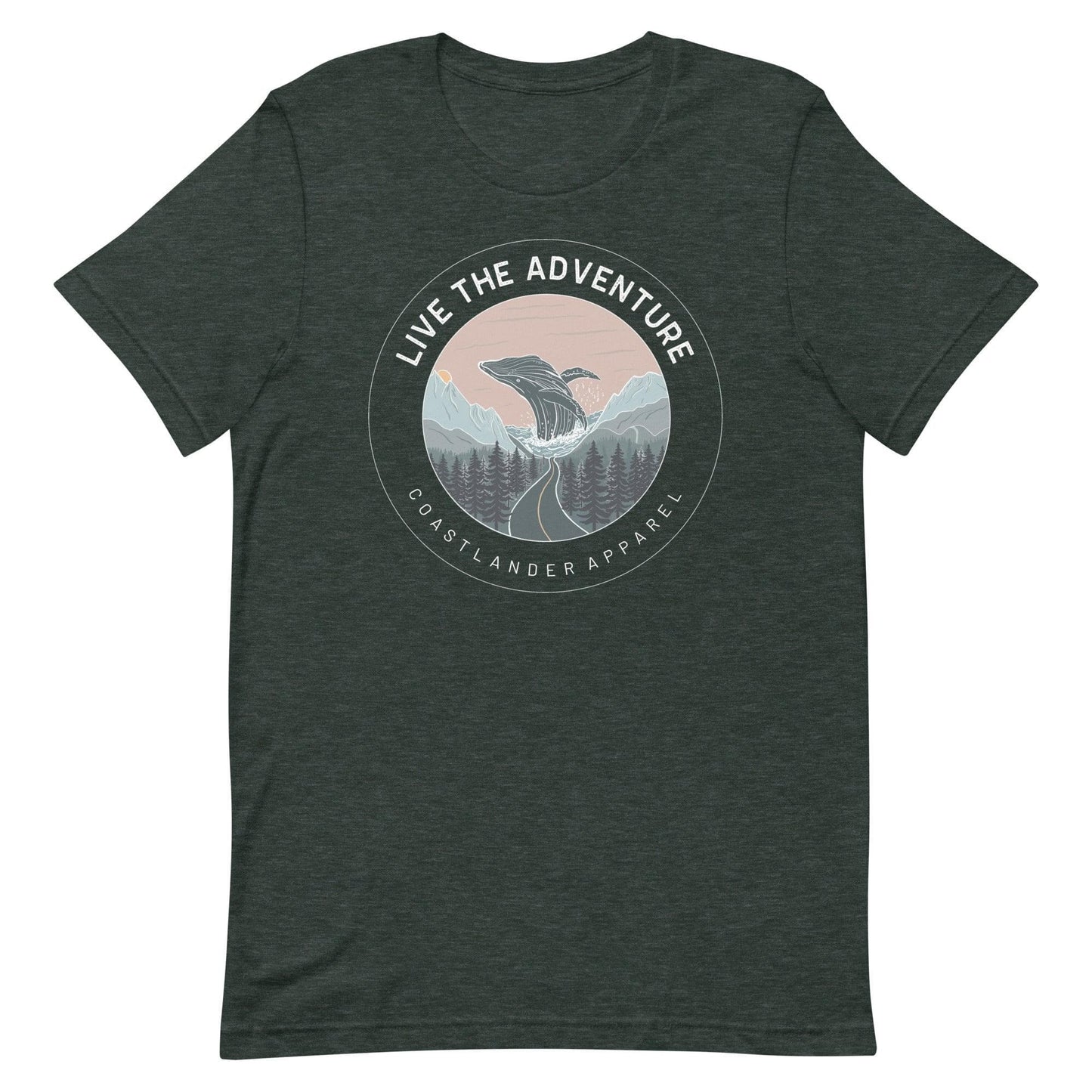 Design of Live The Adventure Whale - Unisex t-shirt , the colour is Heather Forest