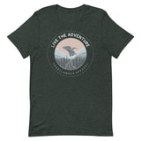 Design of Live The Adventure Whale - Unisex t-shirt , the colour is Heather Forest