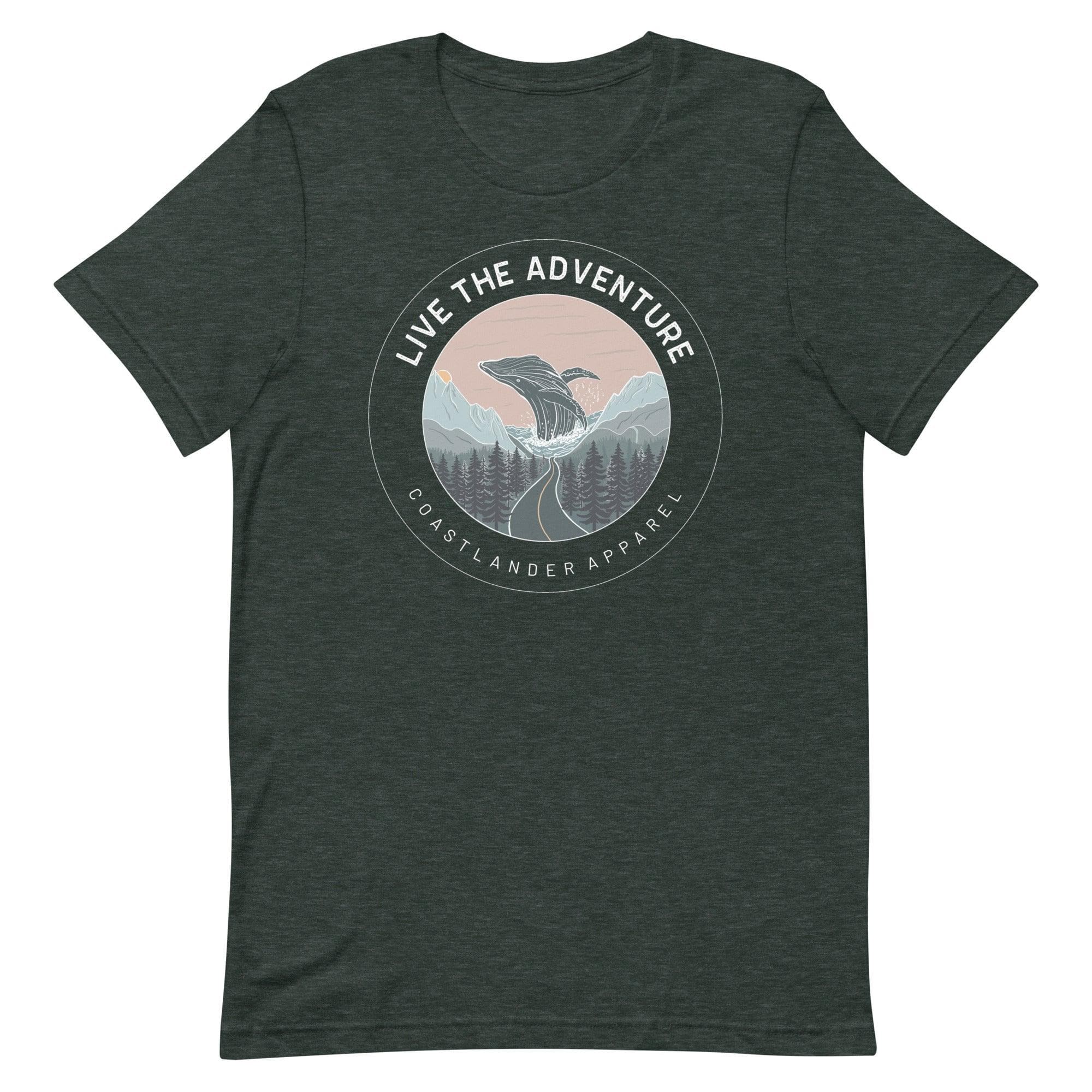 Design of Live The Adventure Whale - Unisex t-shirt , the colour is Heather Forest