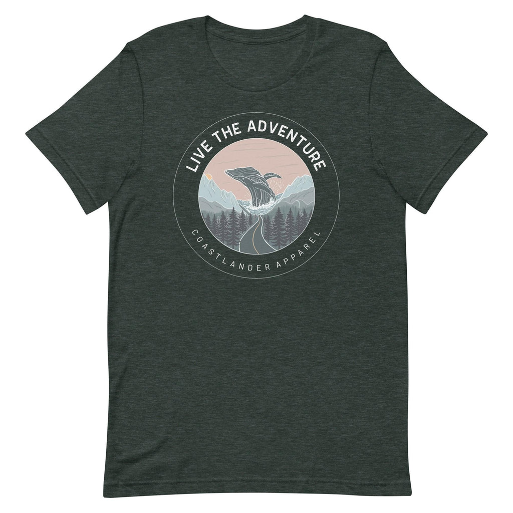 Design of Live The Adventure Whale - Unisex t-shirt , the colour is Heather Forest