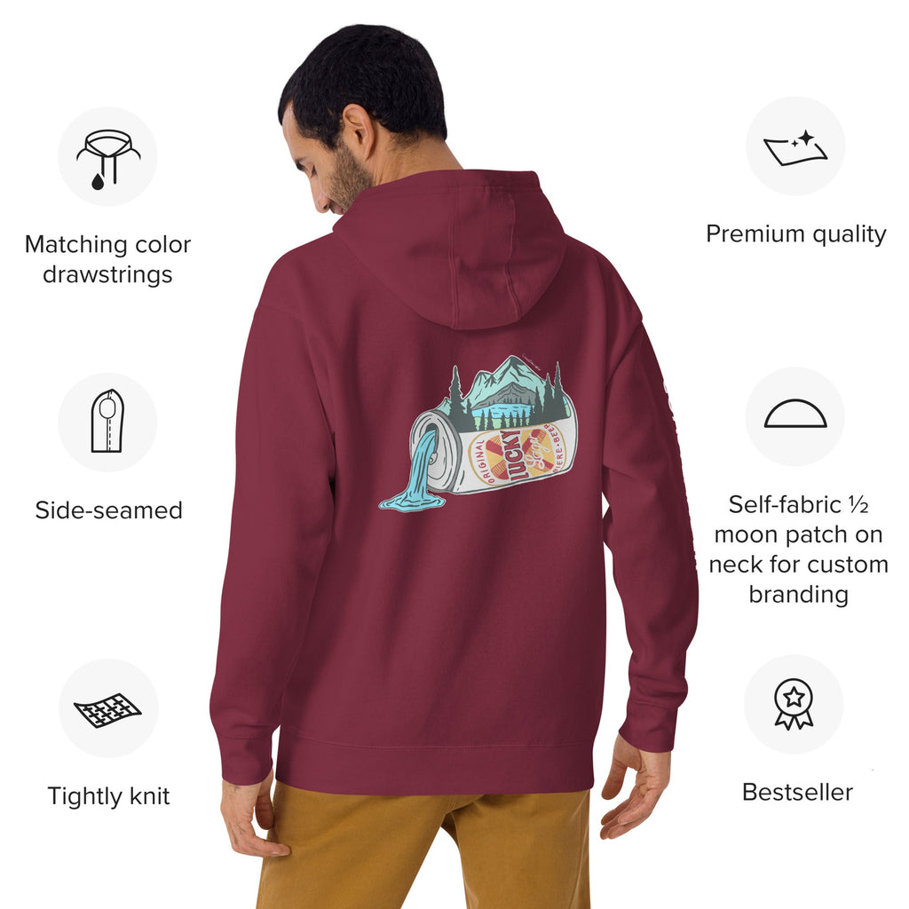 Design of Lucky Lager Scenery Design - Unisex Hoodie , the colour is Maroon