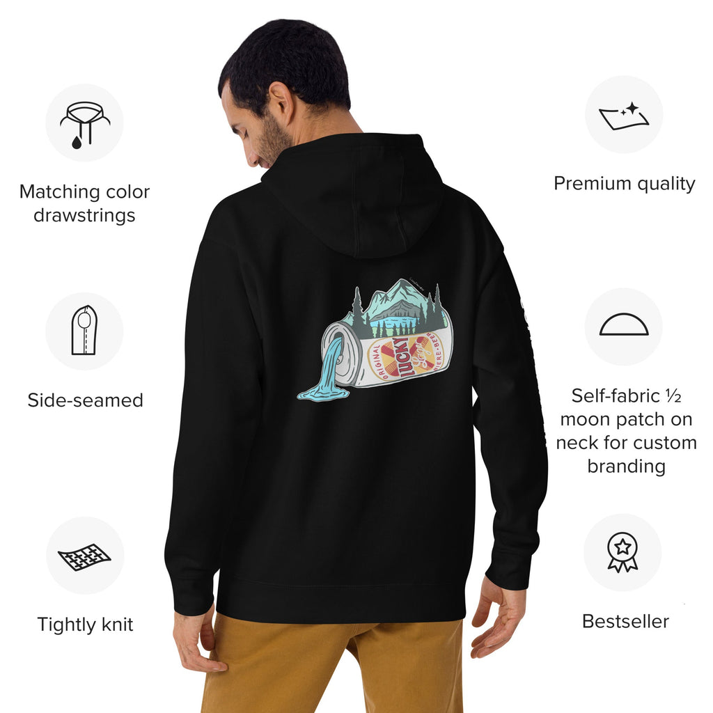Design of Lucky Lager Scenery Design - Unisex Hoodie , the colour is Black