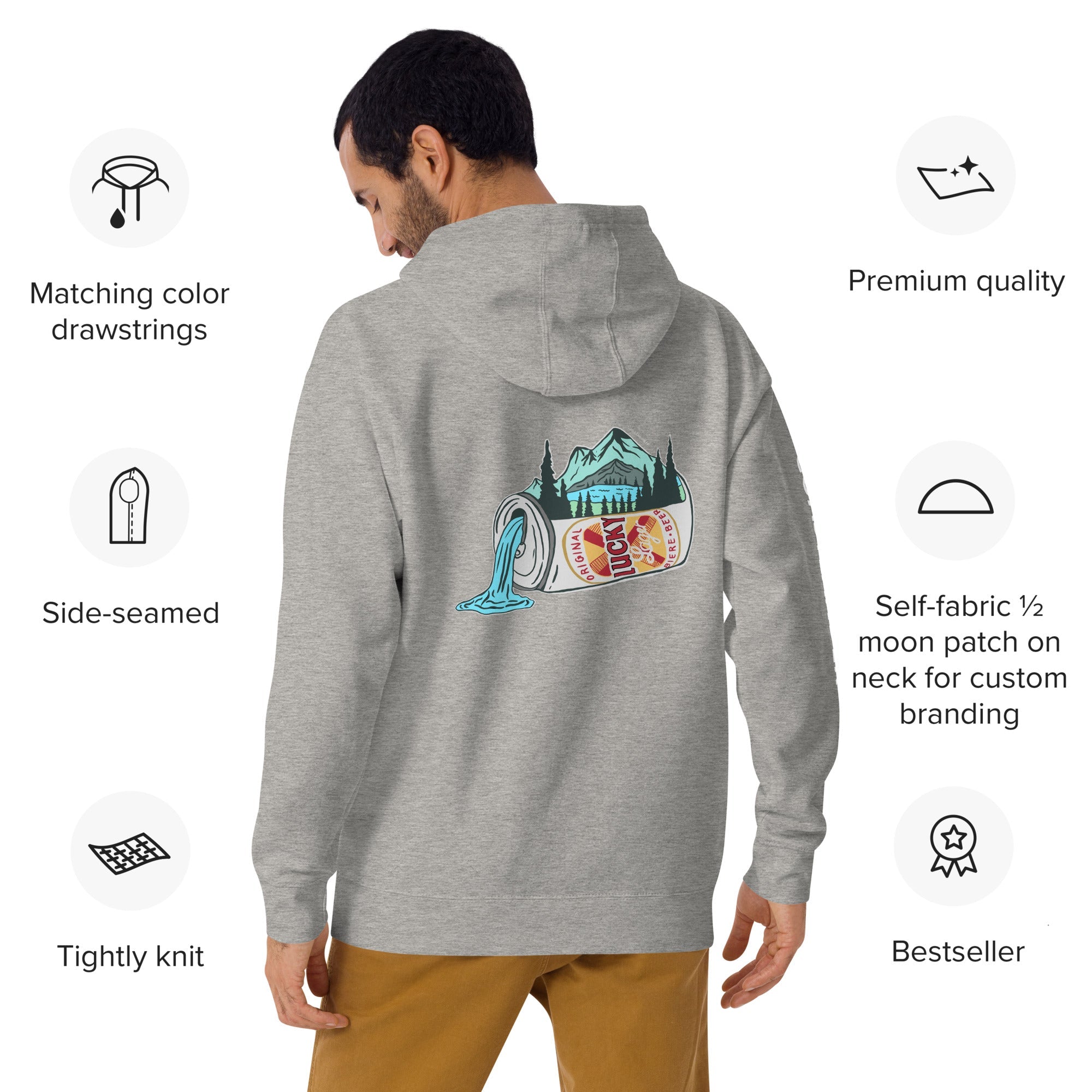 Design of Lucky Lager Scenery Design - Unisex Hoodie , the colour is Carbon Grey