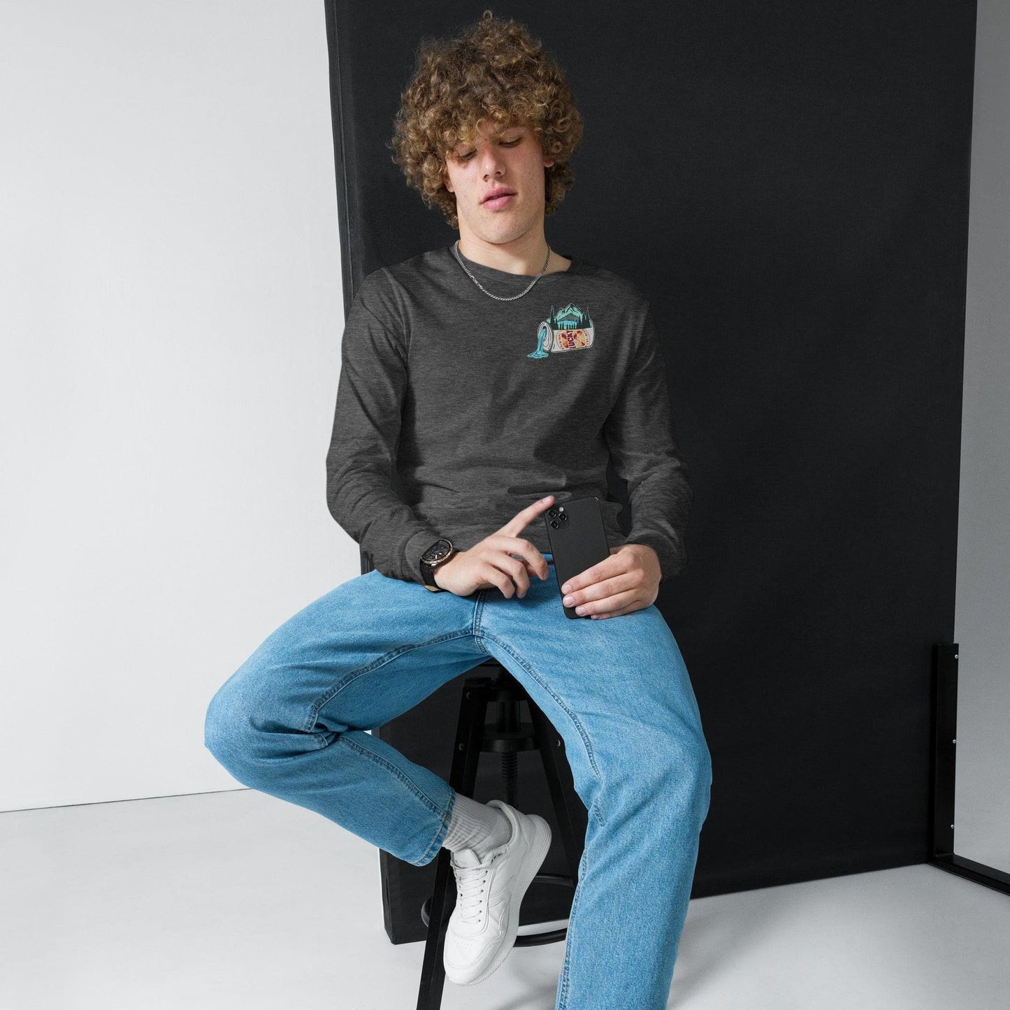 Design of Lucky Lager Scenery Design - Unisex Long Sleeve Tee , the colour is Dark Grey Heather