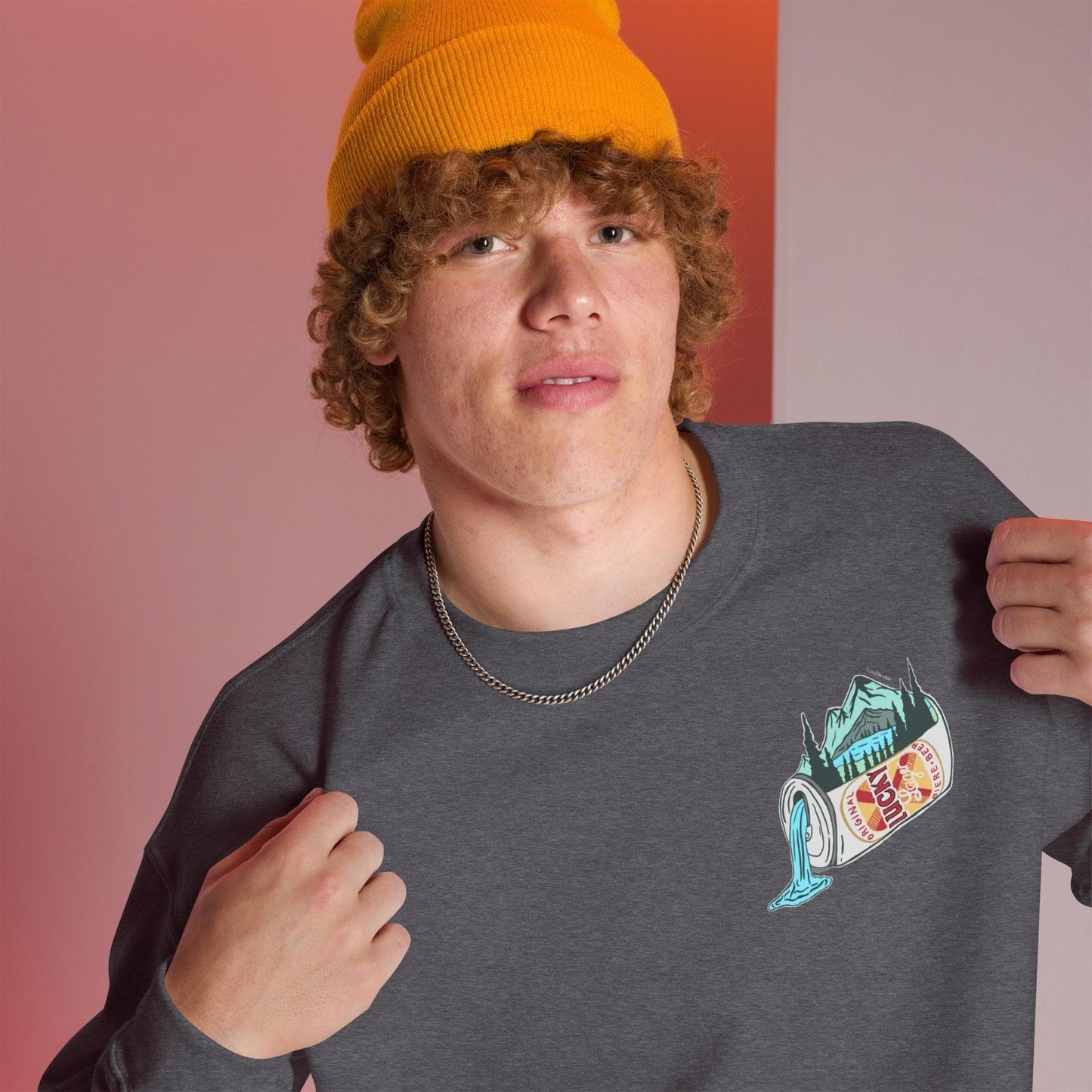 Design of Lucky Lager Scenery Design - Unisex Sweatshirt , the colour is Dark Heather
