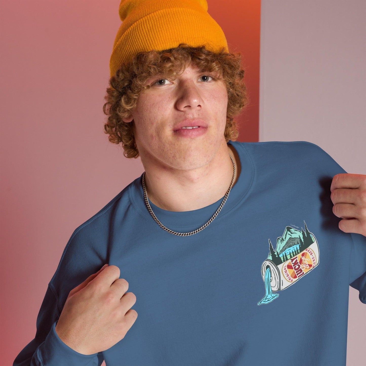 Design of Lucky Lager Scenery Design - Unisex Sweatshirt , the colour is Indigo Blue