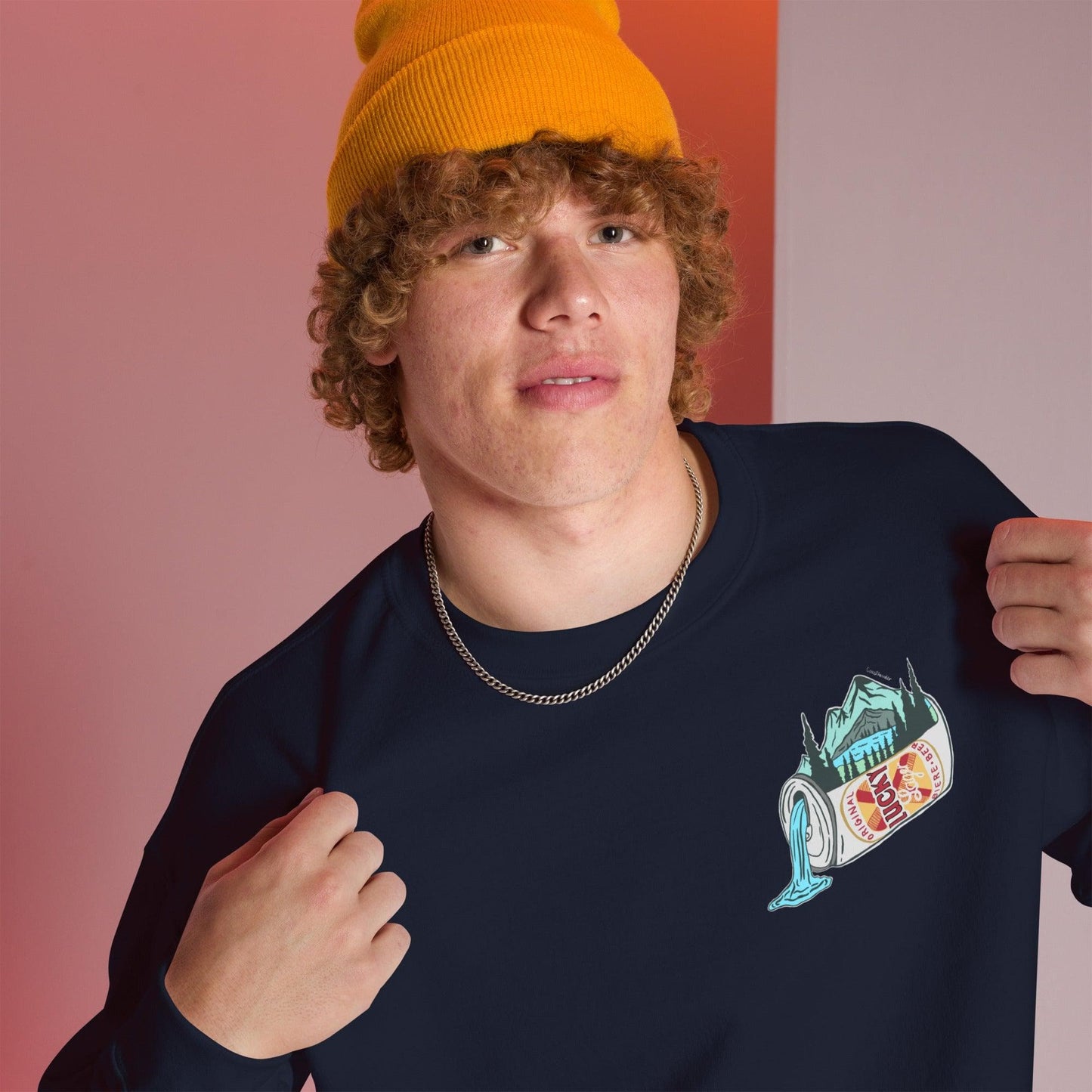 Design of Lucky Lager Scenery Design - Unisex Sweatshirt , the colour is Navy